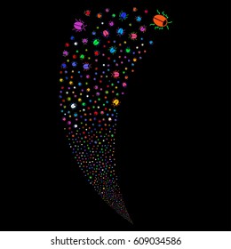 Bug random fireworks stream. Vector illustration style is flat bright multicolored iconic symbols on a black background. Object fountain combined from scattered pictograms.