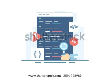 Bug report concept. Magnifying glass for bugs dancing in computer software program. Bug report magnifying bug Bug Tracker Tool Computer Virus Protection on Website. Flat illustration.