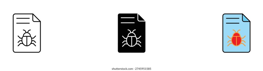 Bug report document icon set. Software debugging, virus detection, and technical issue file symbol. Vector Illustration.