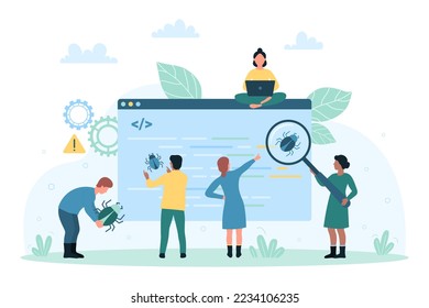 Bug report, error of software vector illustration. Cartoon tiny testers look through magnifying glass at bug in computer code during digital test, programmers debug mobile apps and analyze fails