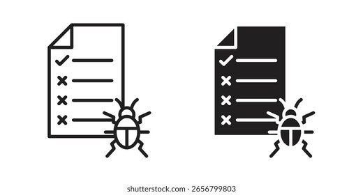 Ícone de relatório de erros, sinal vetorial de contorno, pictograma linear e sólido isolado no branco.