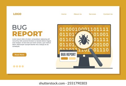 Bug report landing page template magnifier bug Bug Tracking Tool Protection from Computer Viruses in a Website Security Software tester concept illustration