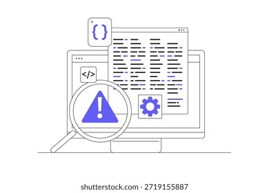 Bug Report, magnifier on campaign software data. Computer bug detection. Bug error notification. System error alert. Software testing. Flat Cartoon Vector Illustration, icon Stylish abstract design landing page web