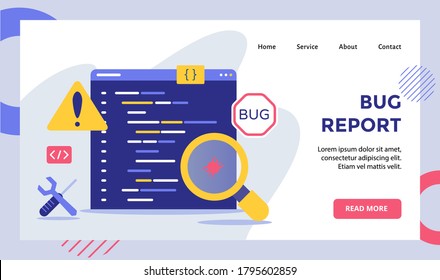 Bug report magnifier bug on data software campaign for web website home homepage landing page template banner with modern flat style