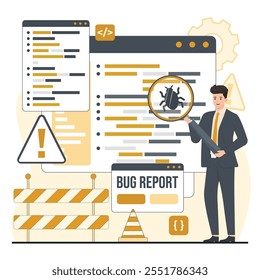 Bug report magnifier bug Bug Tracking Tool Protection from Computer Viruses in a Website Security Software tester concept illustration (Proteção contra vírus de computador em um modelo de testador de software de segurança de site)