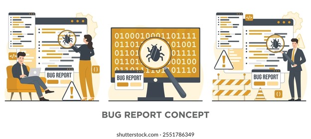 Bug report magnifier bug Bug Tracking Tool Protection from Computer Viruses in a Website Security Software tester concept illustration (Proteção contra vírus de computador em um modelo de testador de software de segurança de site)