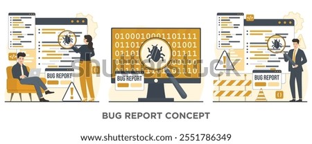 Bug report magnifier bug Bug Tracking Tool Protection from Computer Viruses in a Website Security Software tester concept illustration