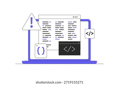 Bug report. Magnifying glass for bugs dancing software program. Bug report magnifying bugs. Virus Protection Bug tracker tool. Flat Cartoon Vector Illustration, icon Stylish abstract design landing page web
