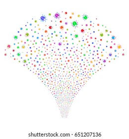 Bug salute stream. Vector illustration style is flat bright multicolored iconic symbols on a white background. Object stream fountain created from random pictographs.