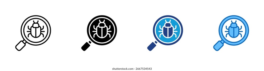 Bug Scan Multiple Style Icon Vetor Design - lente de aumento focada em um bug, usada para representar detecção de malware ou verificação de vulnerabilidade de software