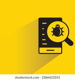 bug scan on mobile phone icon with shadow on yellow background