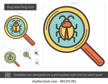 Erro ao pesquisar ícone de linha vetorial isolado no fundo branco. Ícone de linha de pesquisa de bug para infográfico, site ou aplicativo. Ícone escalável projetado em um sistema de grade.