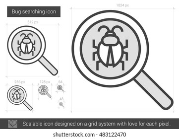 Bug searching vector line icon isolated on white background. Bug searching line icon for infographic, website or app. Scalable icon designed on a grid system.