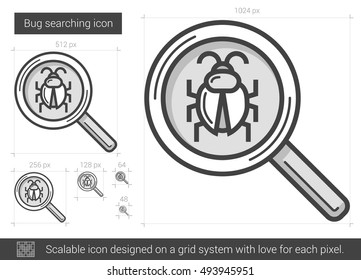 Bug searching vector line icon isolated on white background. Bug searching line icon for infographic, website or app. Scalable icon designed on a grid system.