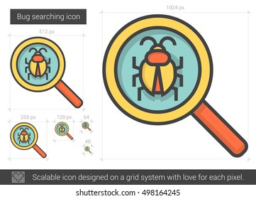 Bug searching vector line icon isolated on white background. Bug searching line icon for infographic, website or app. Scalable icon designed on a grid system.