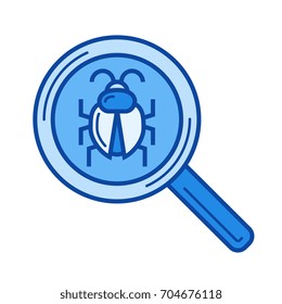 Bug searching vector line icon isolated on white background. Bug searching line icon for infographic, website or app. Blue icon designed on a grid system.