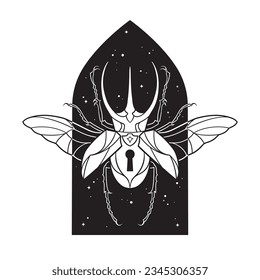 Bug shaped magic padlock over the arch with night sky with crescent moon hand drawn line art gothic tattoo design isolated vector illustration