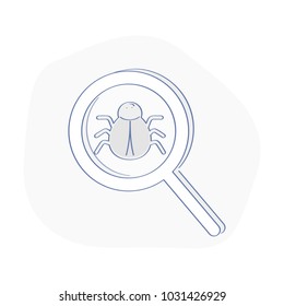 Bug Sign, Computer Virus detected, thread, malware scan with magnifier. Cute beetle, bug under observation through a magnifying glass. Flat outline vector icon concept.