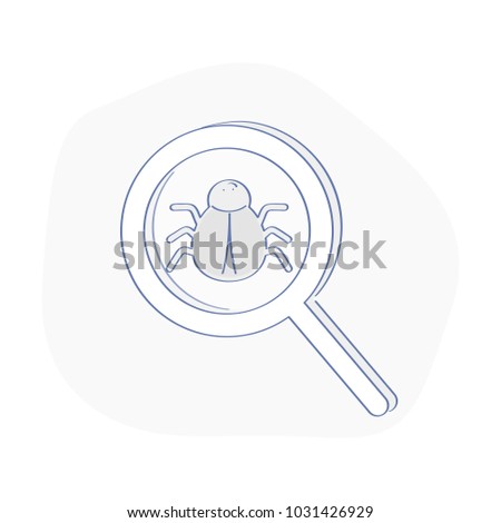 Bug Sign, Computer Virus detected, thread, malware scan with magnifier. Cute beetle, bug under observation through a magnifying glass. Flat outline vector icon concept.