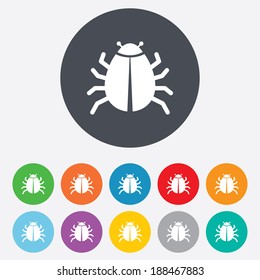 Bug sign icon. Virus symbol. Software bug error. Disinfection. Round colourful 11 buttons. Vector