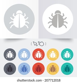 Bug sign icon. Virus symbol. Software bug error. Disinfection. Round 12 circle buttons. Shadow. Hand cursor pointer. Vector