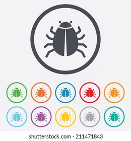 Bug sign icon. Virus symbol. Software bug error. Disinfection. Round circle buttons with frame. Vector