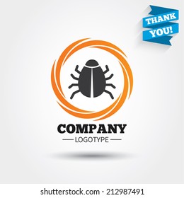 Bug sign icon. Virus symbol. Software bug error. Disinfection. Business abstract circle logo. Logotype with Thank you ribbon. Vector