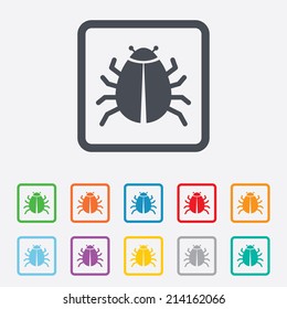 Bug sign icon. Virus symbol. Software bug error. Disinfection. Round squares buttons with frame. Vector