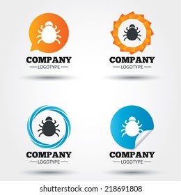 Bug sign icon. Virus symbol. Software bug error. Disinfection. Business abstract circle logos. Icon in speech bubble, wreath. Vector