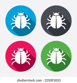 Bug sign icon. Virus symbol. Software bug error. Disinfection. Circle buttons with long shadow. 4 icons set. Vector