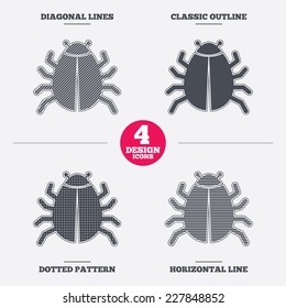 Bug sign icon. Virus symbol. Software bug error. Disinfection. Diagonal and horizontal lines, classic outline, dotted texture. Pattern design icons.  Vector