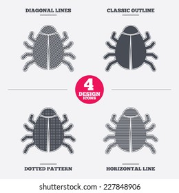 Bug sign icon. Virus symbol. Software bug error. Disinfection. Diagonal and horizontal lines, classic outline, dotted texture. Pattern design icons.  Vector
