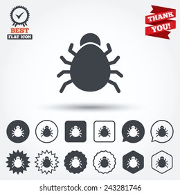 Bug sign icon. Virus symbol. Software bug error. Disinfection. Circle, star, speech bubble and square buttons. Award medal with check mark. Thank you ribbon. Vector