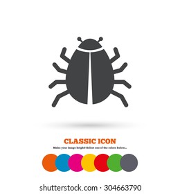 Bug sign icon. Virus symbol. Software bug error. Disinfection. Classic flat icon. Colored circles. Vector