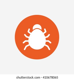 Bug sign icon. Virus symbol. Software bug error. Disinfection. Orange circle button with icon. Vector