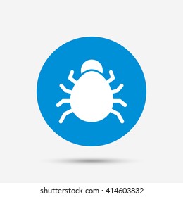 Bug sign icon. Virus symbol. Software bug error. Disinfection. Blue circle button with icon. Vector