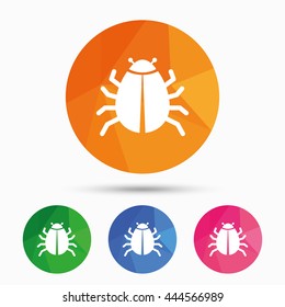 Bug sign icon. Virus symbol. Software bug error. Disinfection. Triangular low poly button with flat icon. Vector