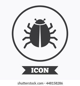 Bug sign icon. Virus symbol. Software bug error. Disinfection. Graphic design element. Flat symbol in circle button. Vector
