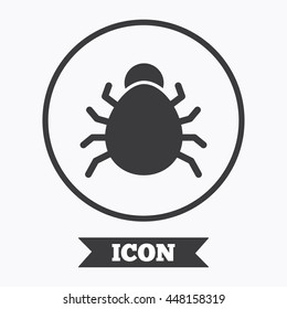 Bug sign icon. Virus symbol. Software bug error. Disinfection. Graphic design element. Flat symbol in circle button. Vector