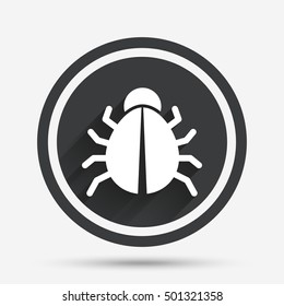 Bug sign icon. Virus symbol. Software bug error. Disinfection. Circle flat button with shadow and border. Vector