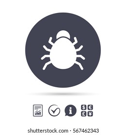 Bug Sign Icon. Virus Symbol. Software Bug Error. Disinfection. Report Document, Information And Check Tick Icons. Currency Exchange. Vector