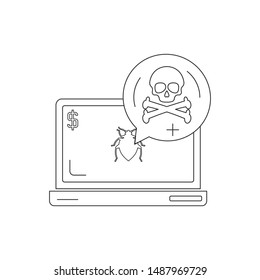 Bug sign on a laptop screen. A speech bubble displays danger sign. Computer virus or cyber crime concept. 