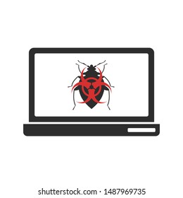 Bug sign on a laptop screen. Computer virus concept.