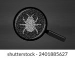 Bug silhouette made from 0 and 1 symbols of binary code, and magnifying glass. Concept of software bug detected, searching of error or fault in computer program, bug finding and fixing
