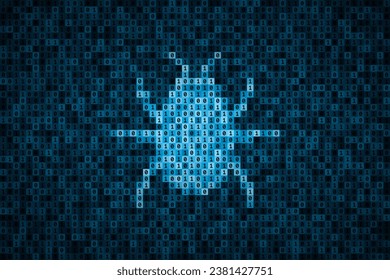 Bug silhouette made from 0 and 1 symbols of binary code. Concept of software bug, error or fault in computer program, bug finding and fixing