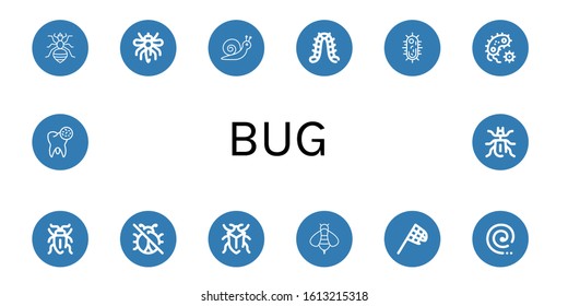 bug simple icons set. Contains such icons as Louse, Mosquito, Snail, Caterpillar, Virus, Bacteria, Sap beetle, No insects, Bug, Bee, Butterfly net, can be used for web, mobile and logo