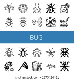 bug simple icons set. Contains such icons as Dragonfly, Beetle, Malware, Ant, Virus, Insect, Spam, Brickwall, Louse, Bacteria, Cockroach, can be used for web, mobile and logo