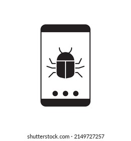 Smartphone de fallos, icono de virus en glifo plano negro, estilo relleno aislado en fondo blanco