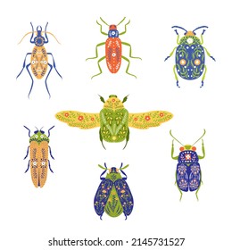 Bug species and exotic beetles icons collection. Various insects set with as Goliath beetle, Frog-legged, Ladybug, Hercules, Tortoise, Colorado potato, Giraffe weevil and other strange bugs in flat.
