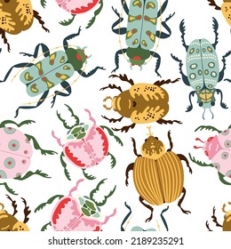 Bug species and exotic beetles vector seamless pattern. Insect bugs in flat cartoon style texture. Vector Illustration for fabric, print, apparel, textile.